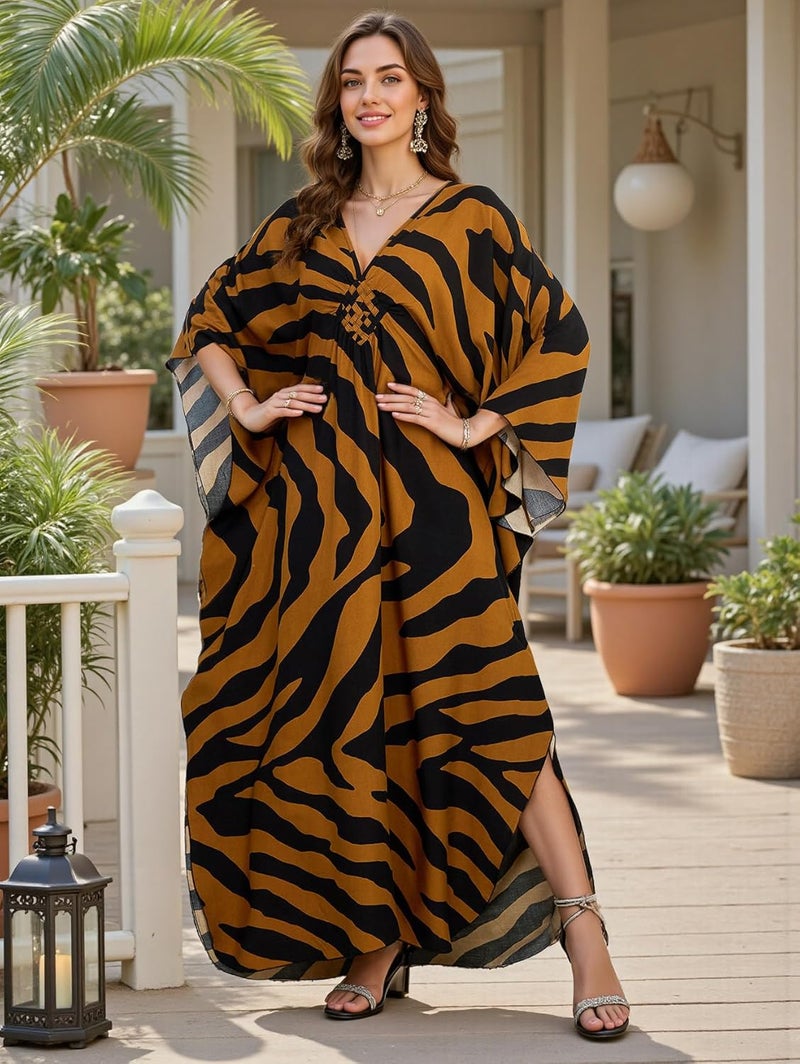IMAGEKOPE Women's Plus Size Animal Print V-Neck Batwing Kaftan Beach Dress Bathing Suit Cover-Up Loungewear - Image 3